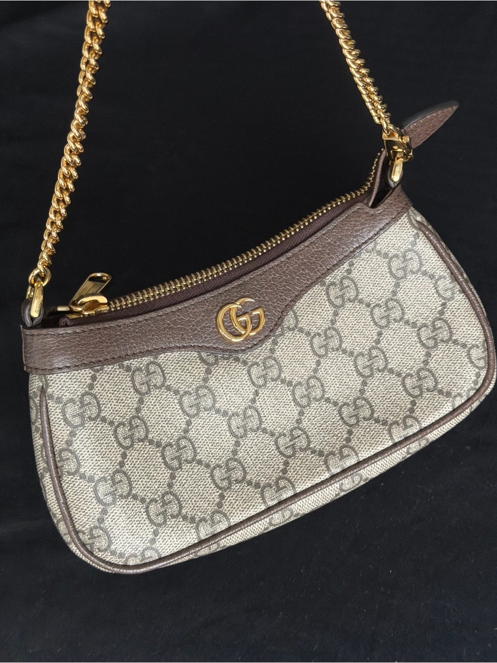 Gucci Beige Brown GG Mini Shoulder Bag with Gold Chain